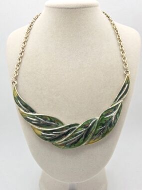 Enamel Abstract Leaf Bib Necklace - Green & Gold Tone